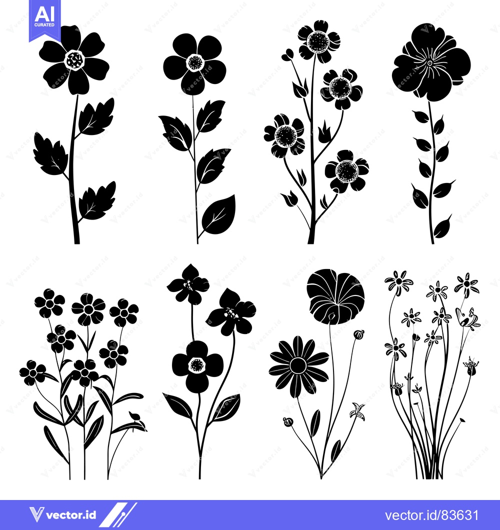 Premium Vector of A Collection of Black Silhouettes of Various Blooming Flowers