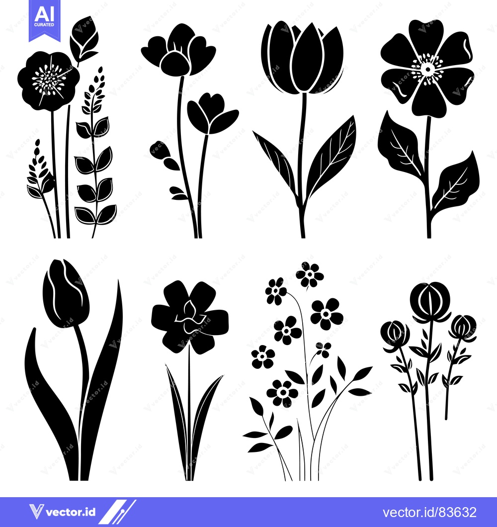 Premium Vector dari Black Silhouettes of Various Flower and Plant Designs