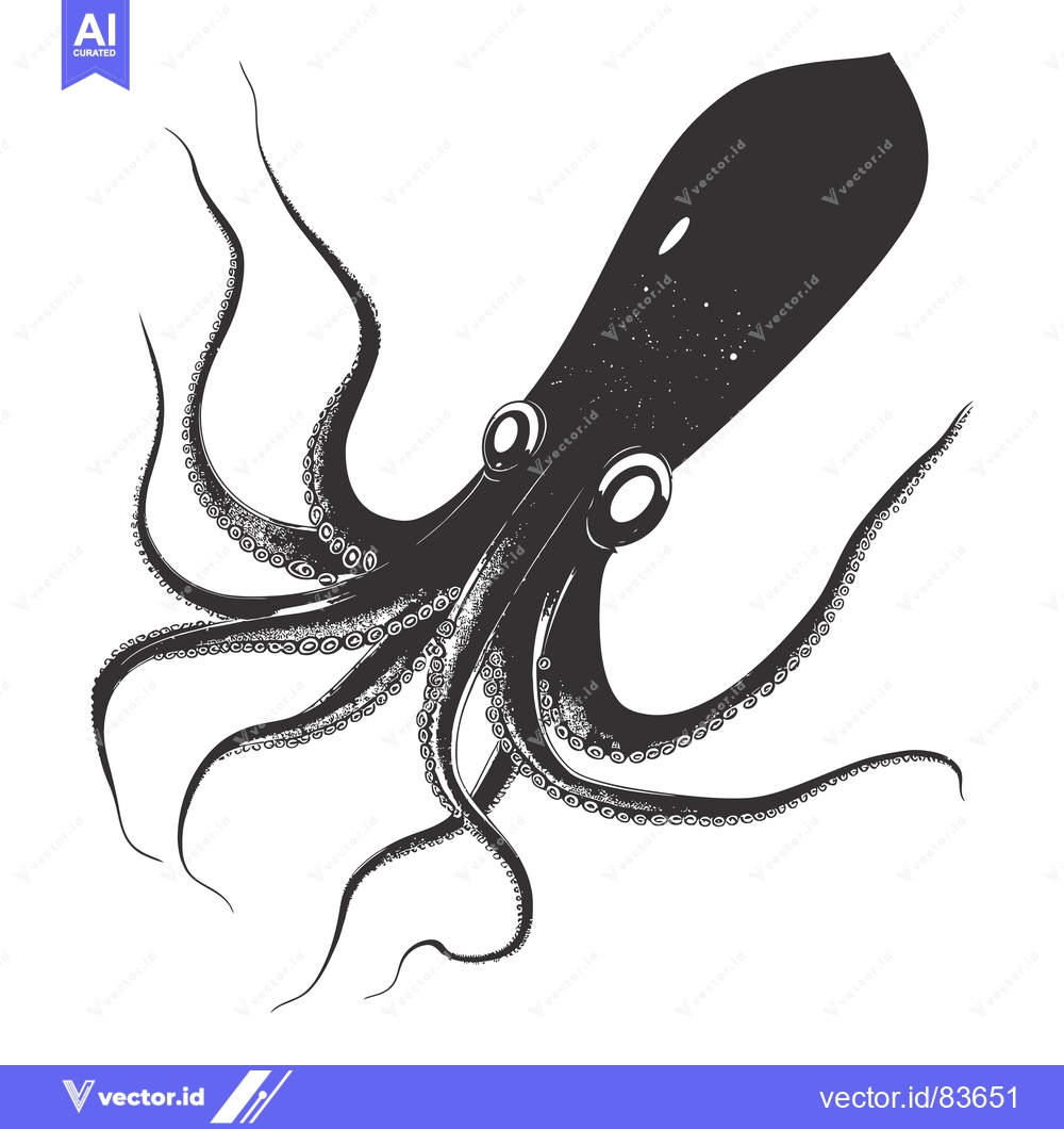 Premium Vector of Black and white illustration of an octopus with tentacles