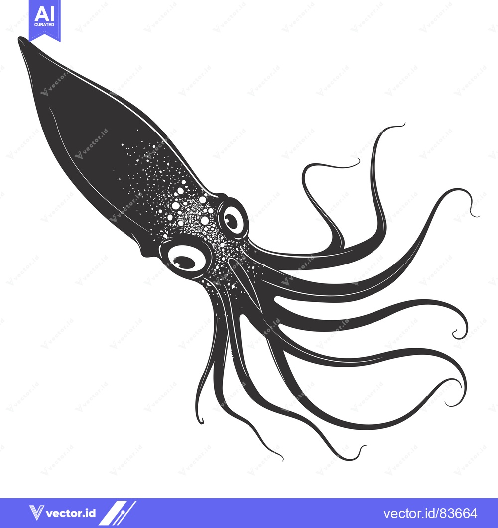 Premium Vector of Black and White Illustration of a Squid with Large Eyes