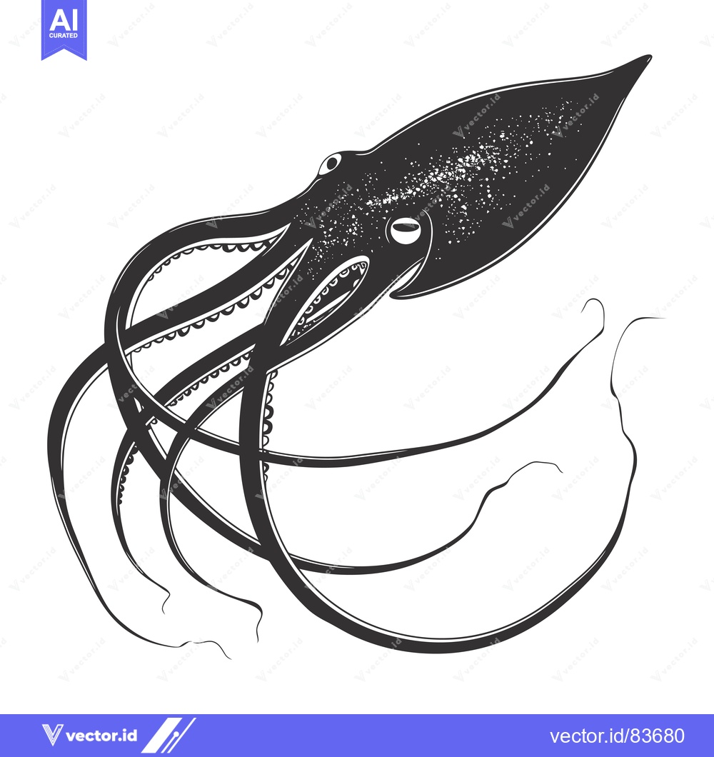 Premium Vector of Black and White Illustration of a Cephalopod with Tentacles
