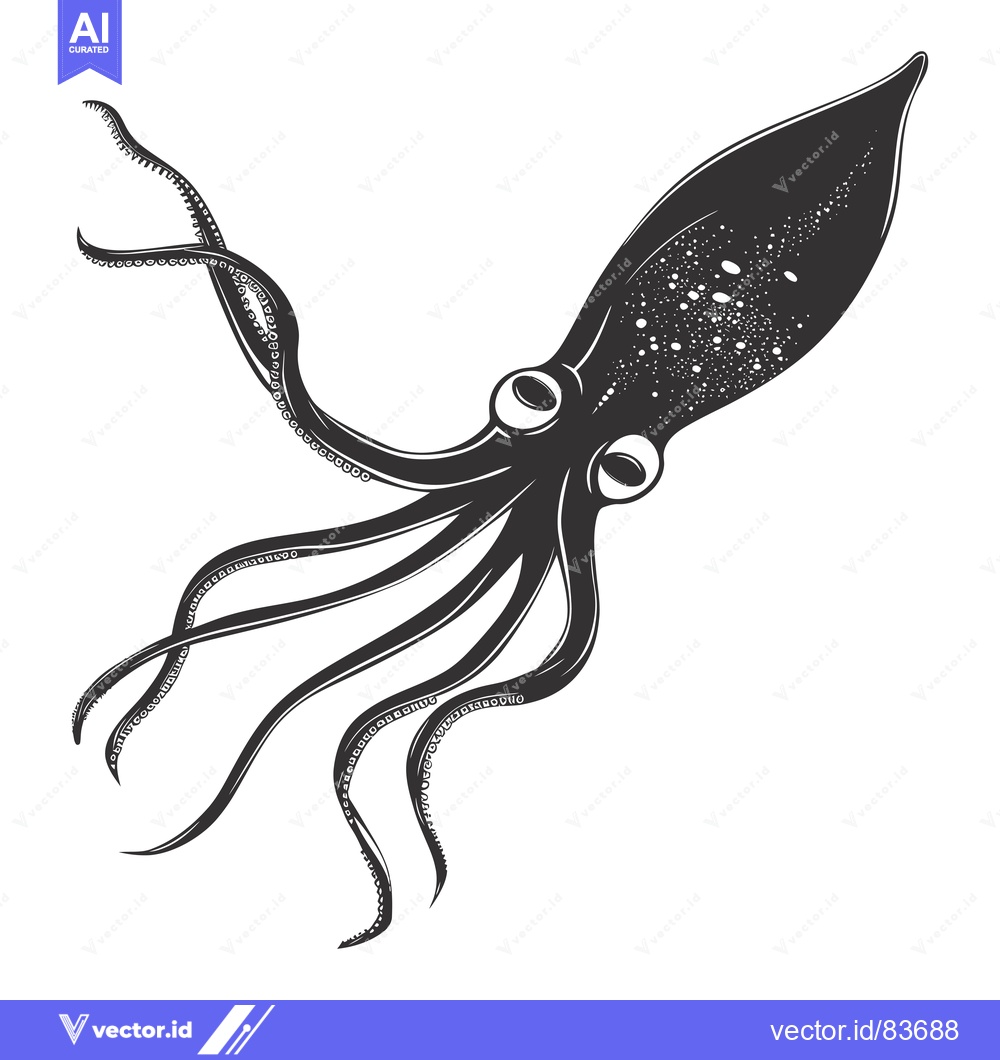Premium Vector of Black and White Illustration of a Squid with Tentacles