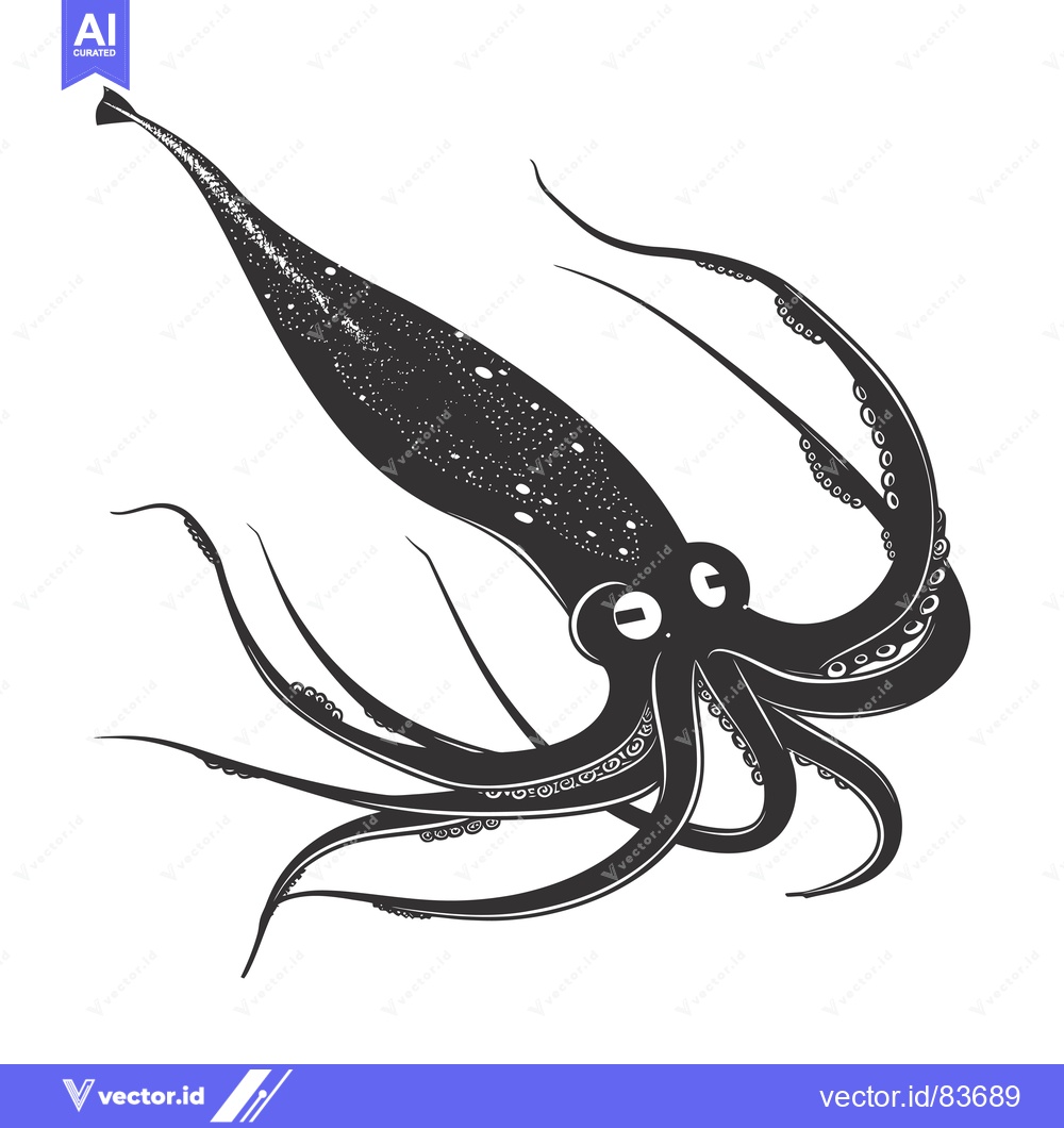 Premium Vector dari A black and white illustration of a squid with eight tentacles and two