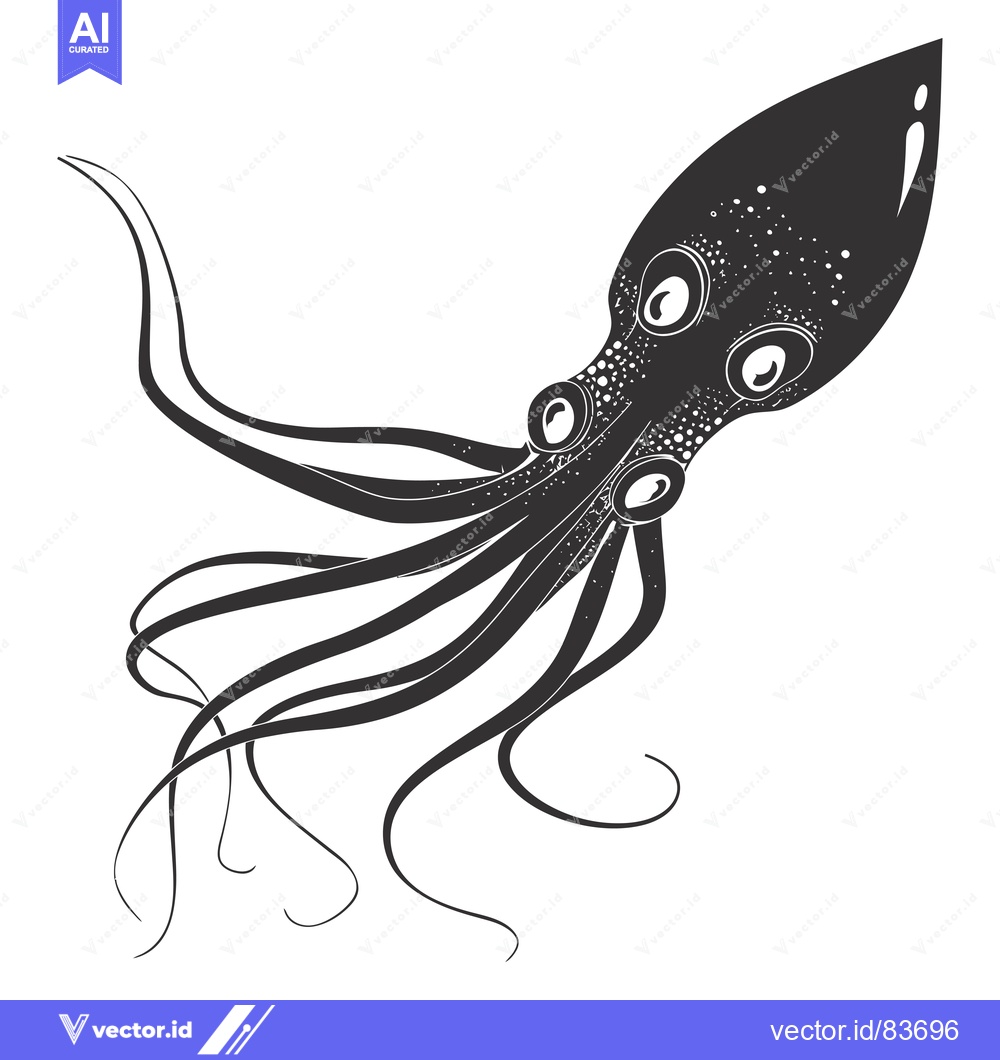 Premium Vector of Black and White Illustration of a Squid with Tentacles