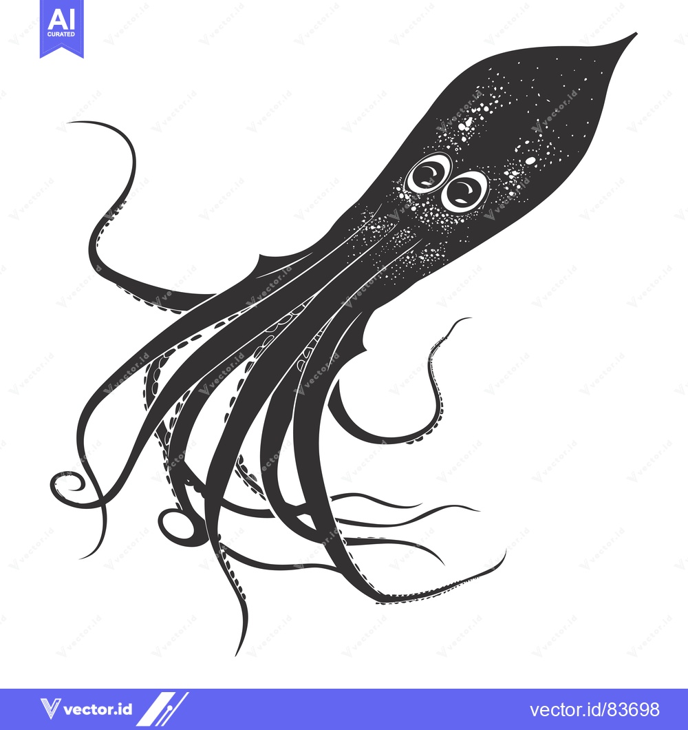 Premium Vector of Black and White Illustration of a Cartoon Octopus with Big Eyes