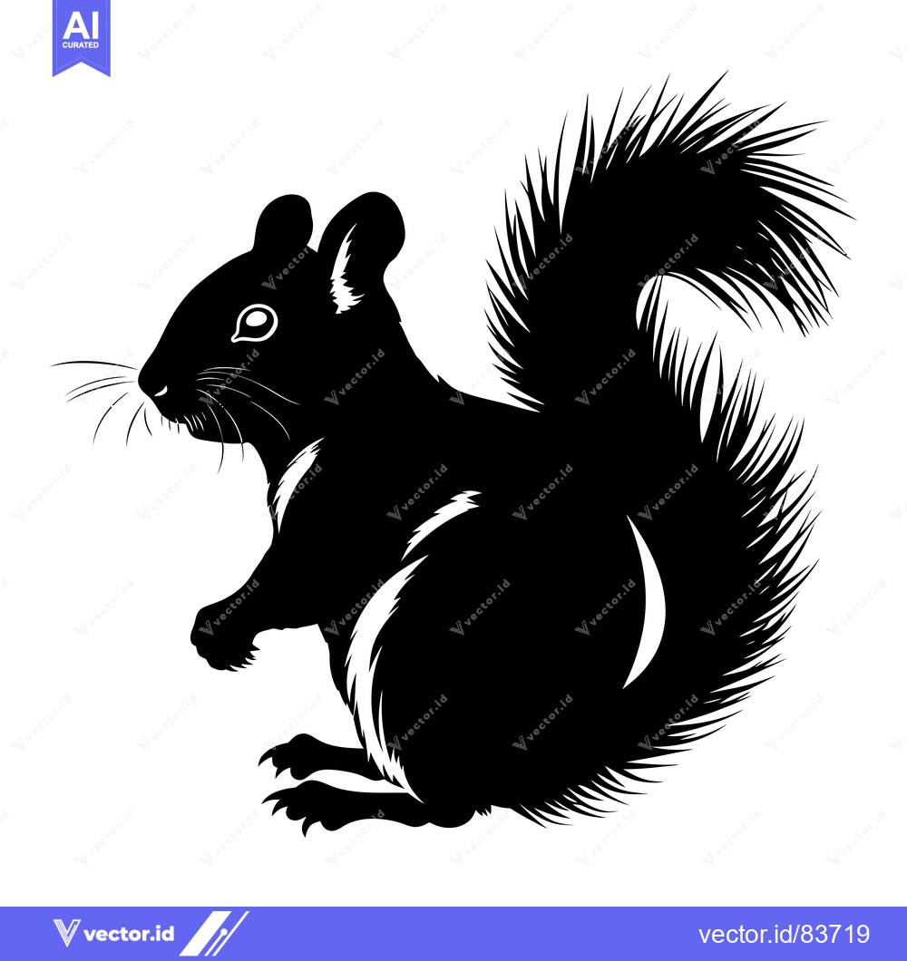 Premium Vector of Black and White Silhouette of a Squirrel Sitting with its Tail Raised