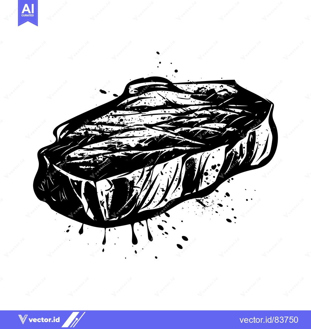 Premium Vector of Black and White Hand-Drawn Illustration of a Steak with Ink Splatter