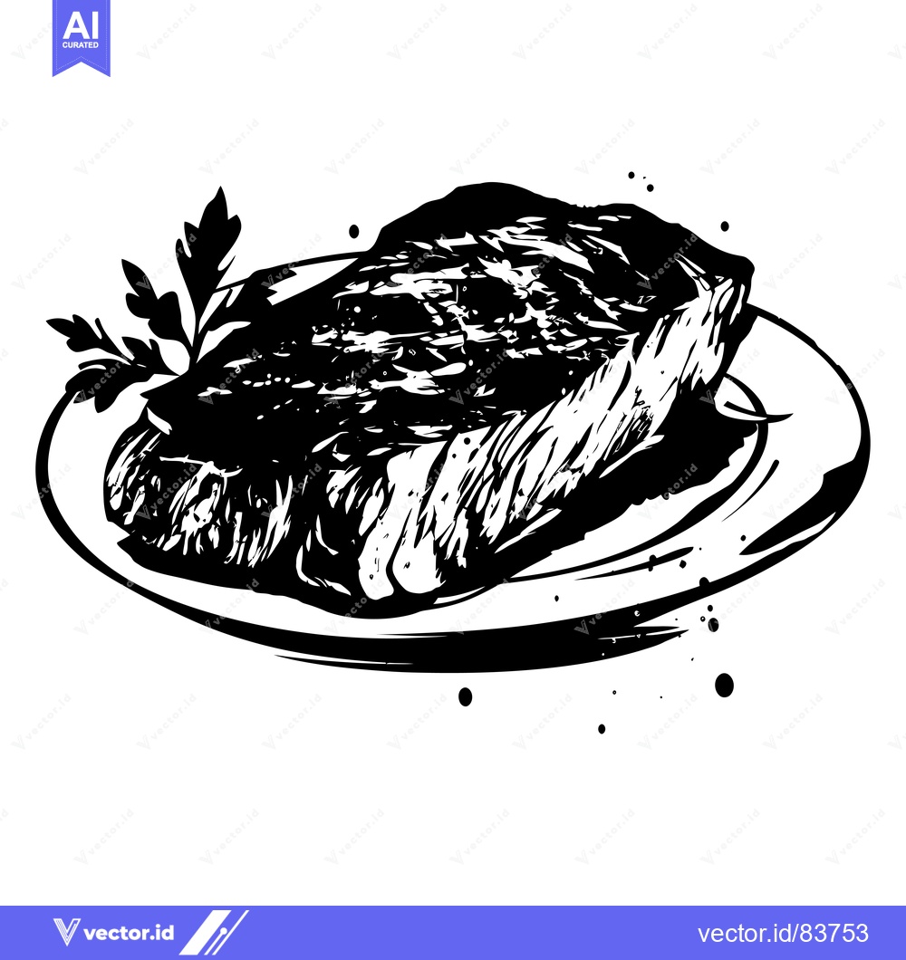 Premium Vector dari A Black and White Illustration of a Grilled Steak on a Plate with Pars