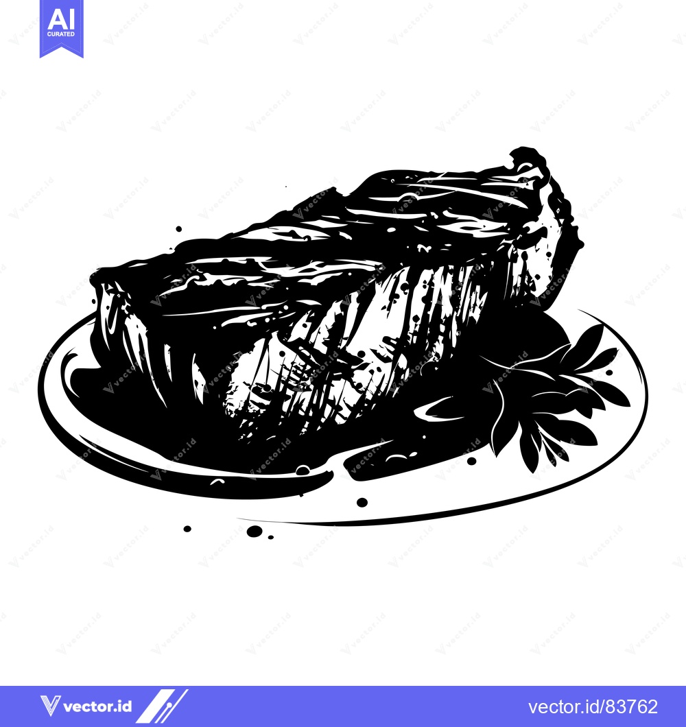 Premium Vector of A Black and White Illustration of a Grilled Steak on a Plate with Sauc