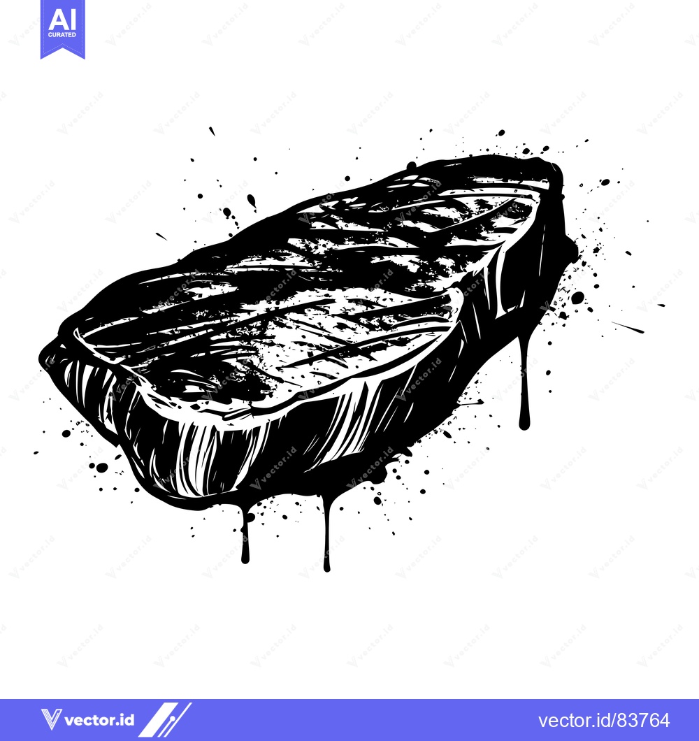 Premium Vector dari Black and White Illustration of a Grilled Steak with Ink Splatter