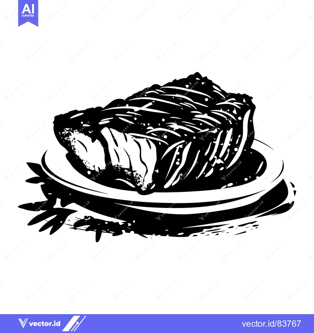 Premium Vector of Black and White Illustration of a Grilled Steak on a Plate