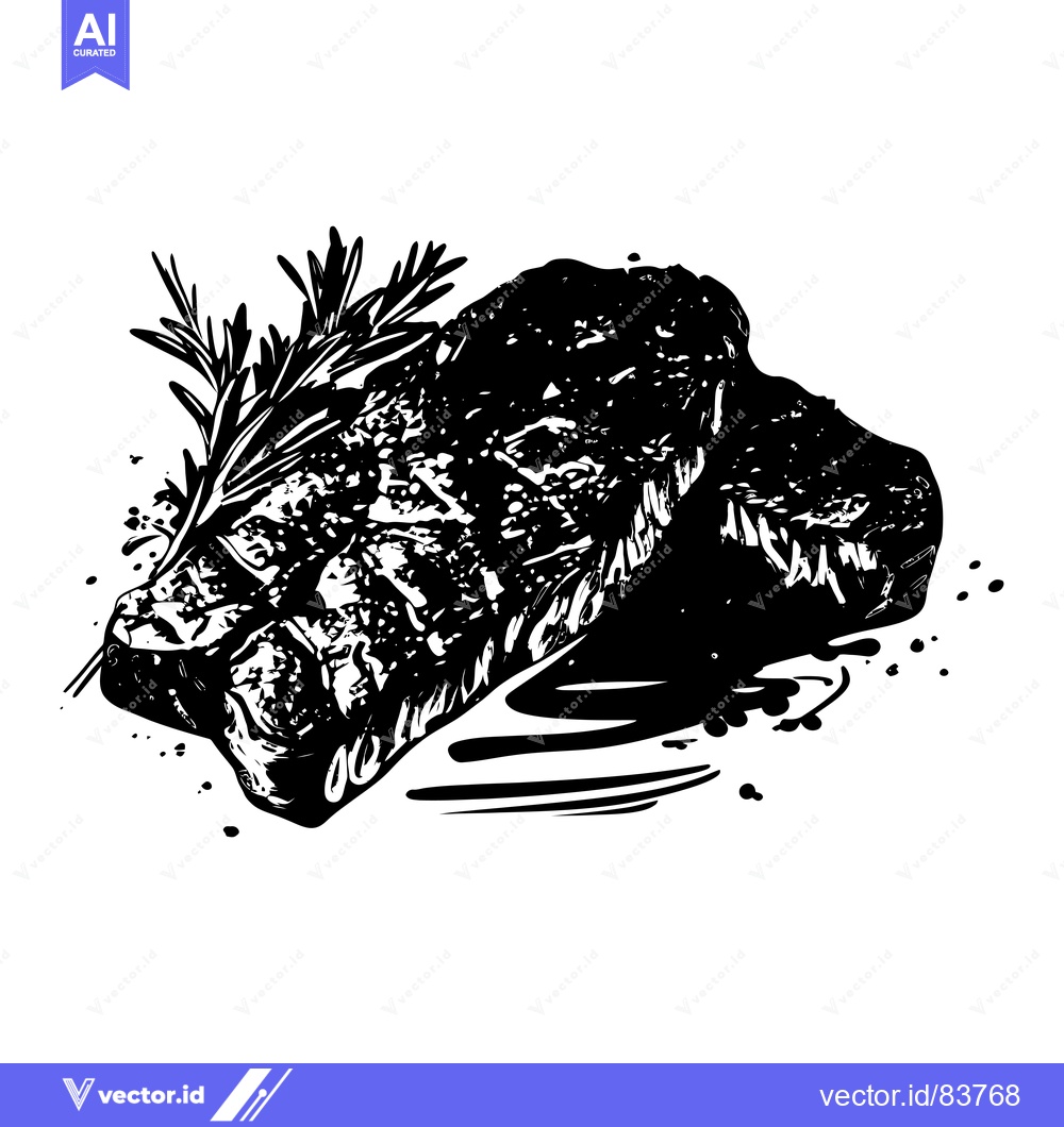 Premium Vector dari Black and White Illustration of Two Grilled Steaks with Rosemary
