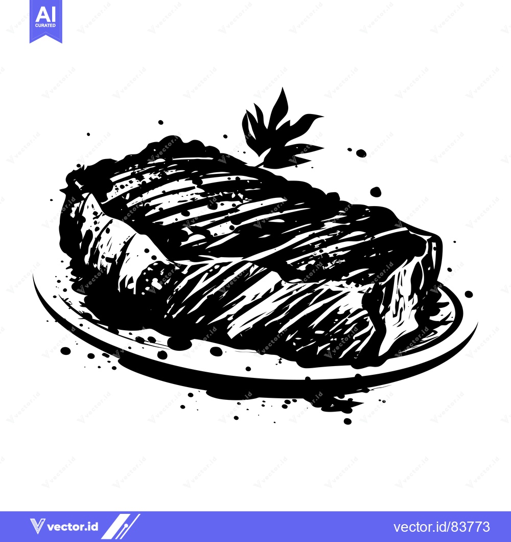 Premium Vector dari A Grilled Steak on a Plate with Black Ink Splatters