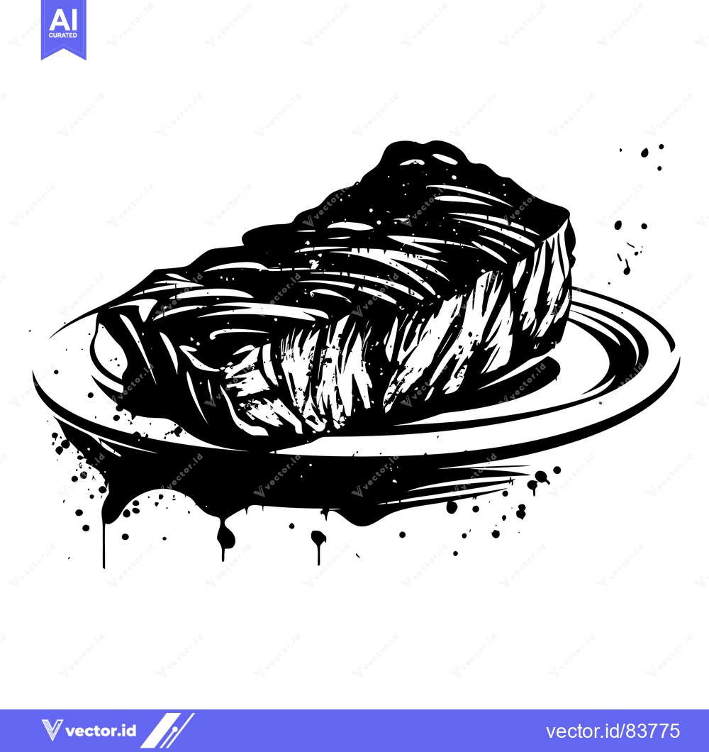 Premium Vector dari Black and White Illustration of a Grilled Steak on a Plate with Ink Sp
