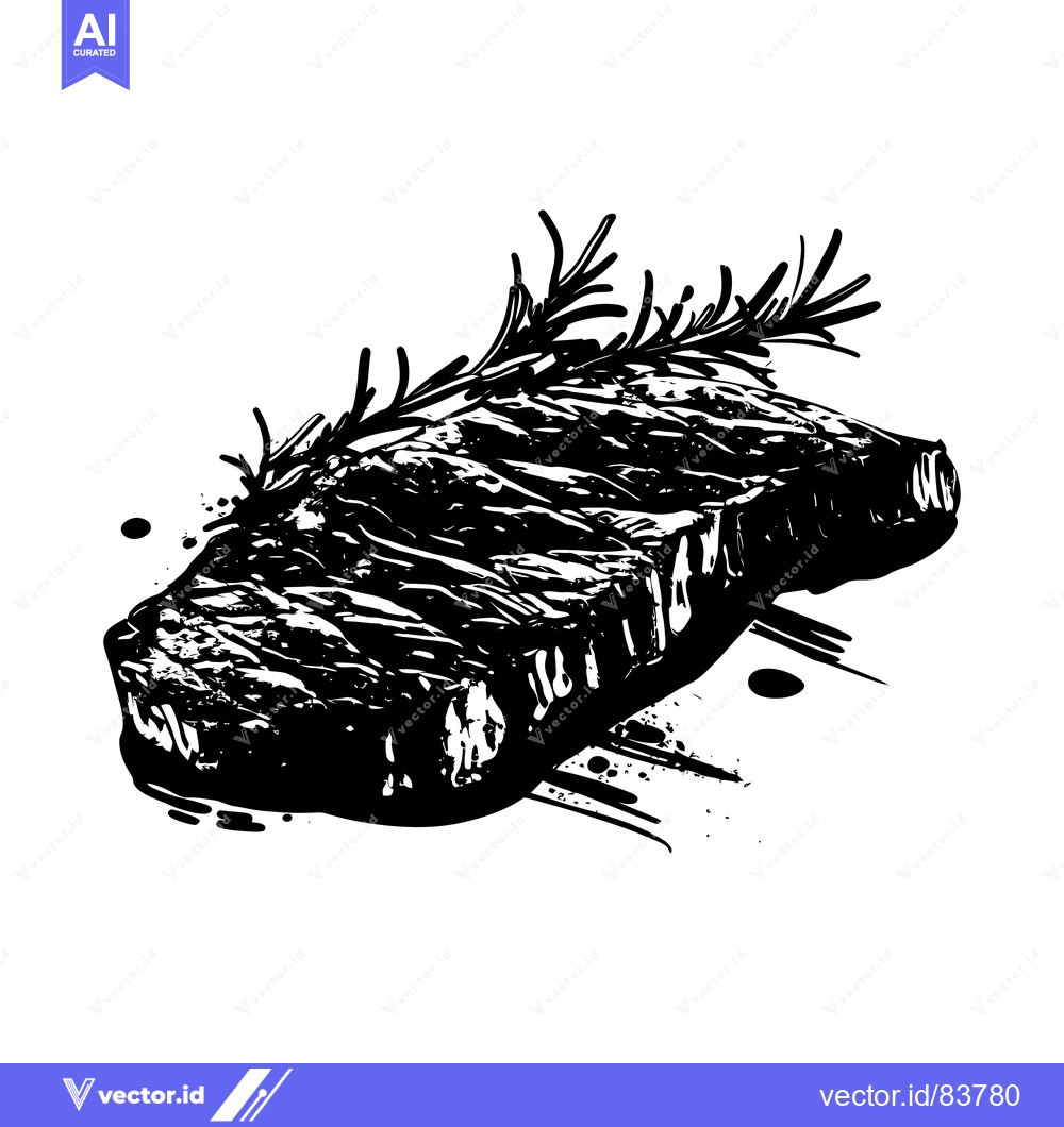 Premium Vector dari Black and White Illustration of a Grilled Steak with Rosemary
