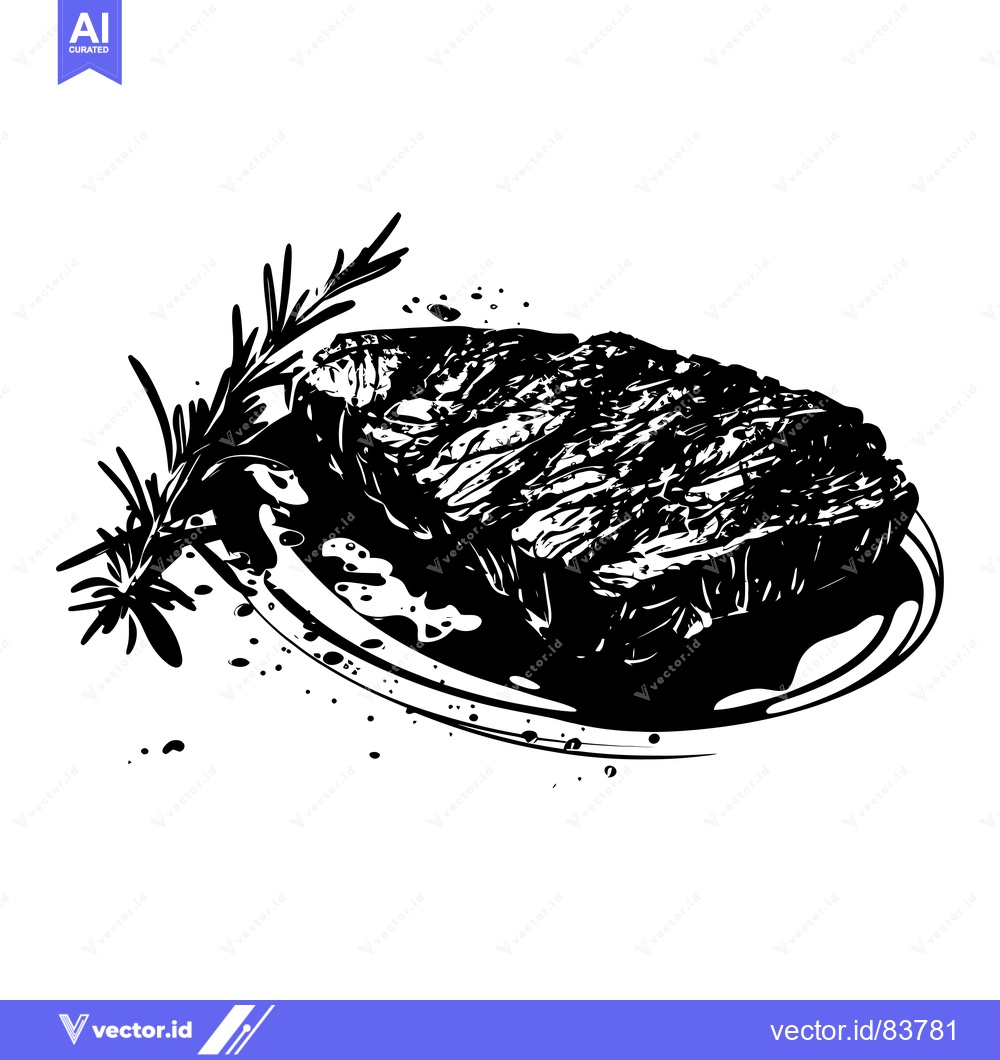 Premium Vector of Black and White Illustration of a Grilled Steak with Rosemary