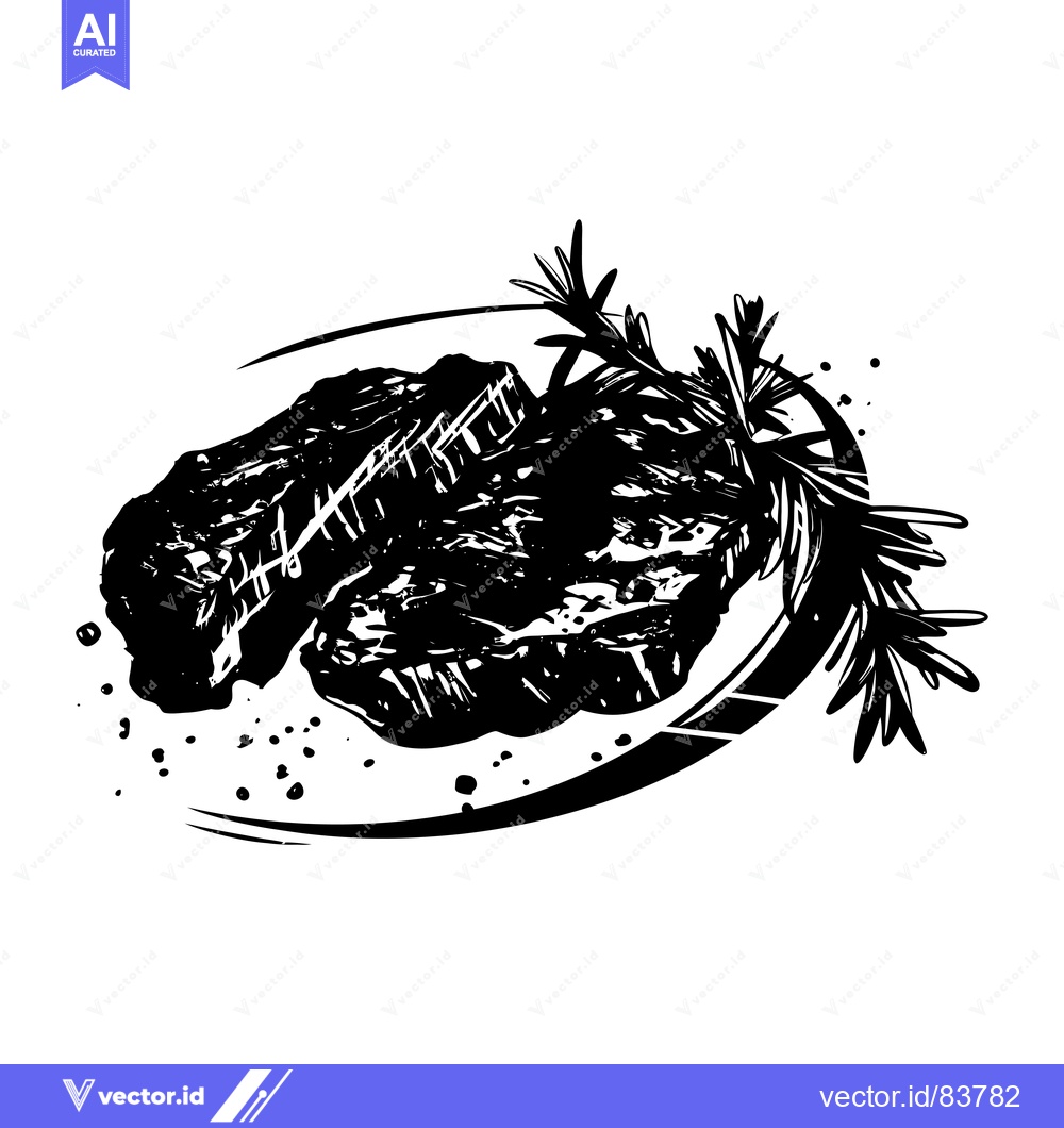 Premium Vector dari Two Grilled Steaks with Rosemary Sprig and Splashes