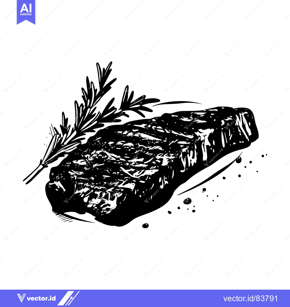 Premium Vector of A Black and White Illustration of a Steak with Rosemary and Pepper