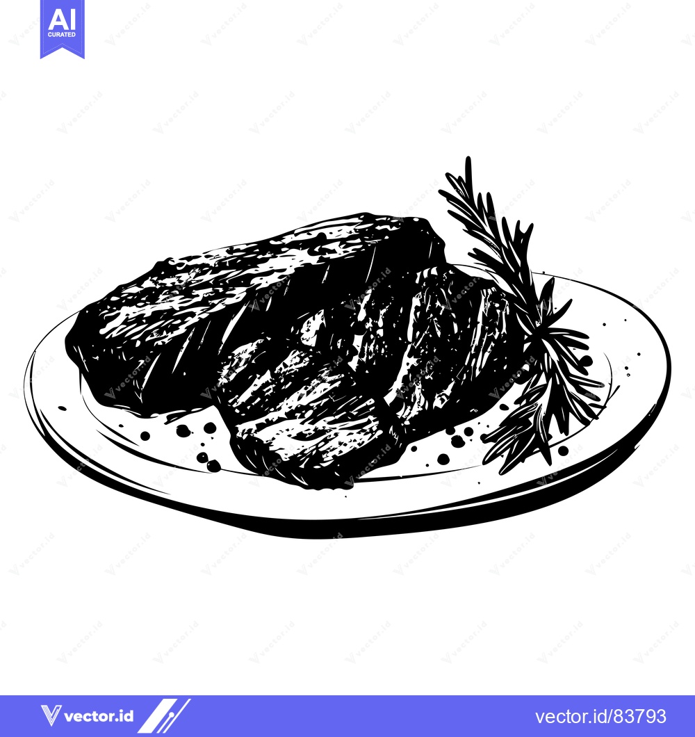 Premium Vector dari Black and White Illustration of Grilled Steak on a Plate with Rosemary