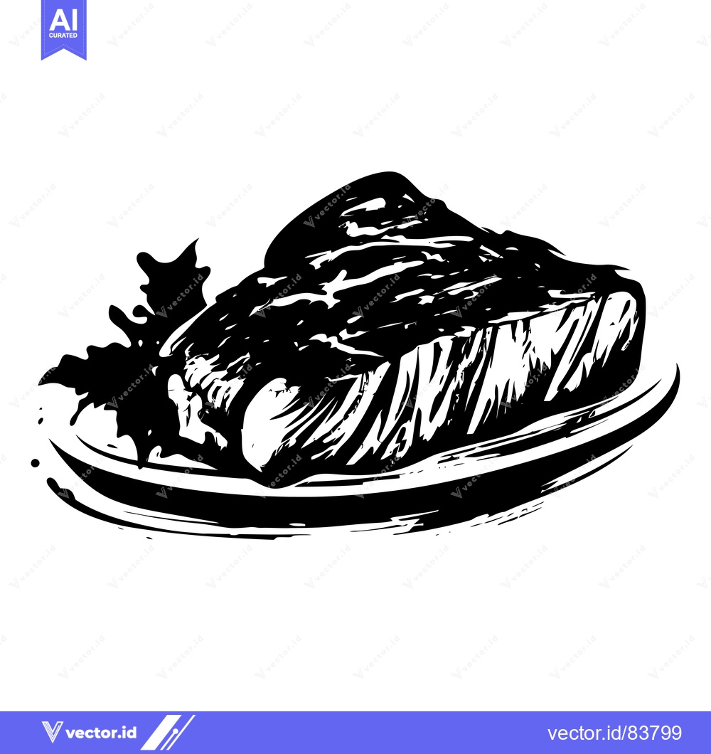 Premium Vector of Black and White Illustration of a Grilled Steak on a Plate