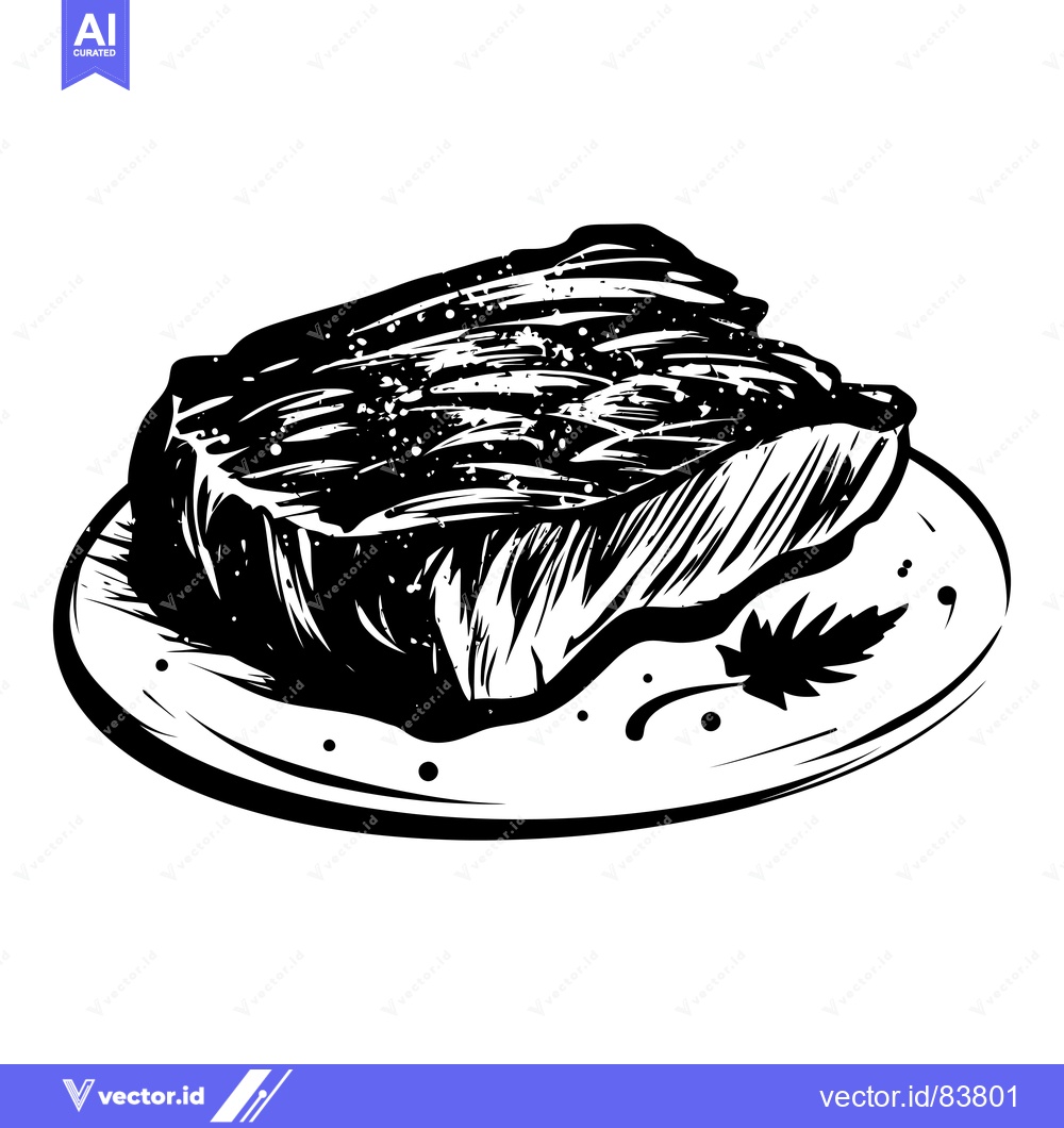 Premium Vector of Black and White Illustration of a Grilled Steak on a Plate