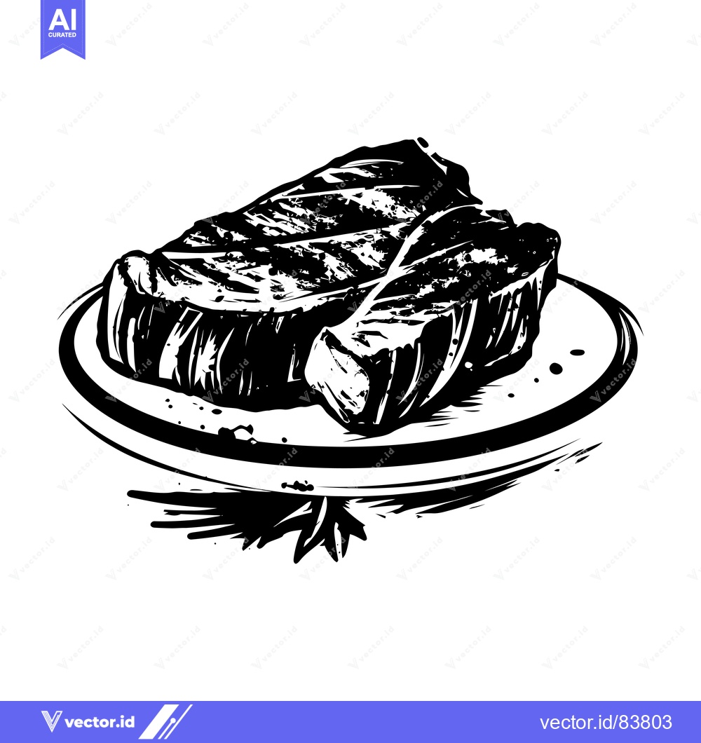 Premium Vector dari Two Grilled Steaks on a Plate with Black Ink Illustration Style