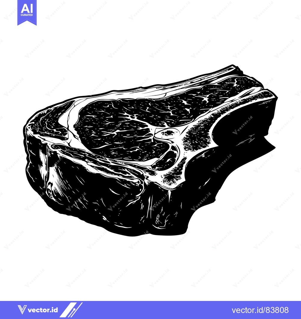Premium Vector dari Black and White Illustration of a Raw Steak with Bone