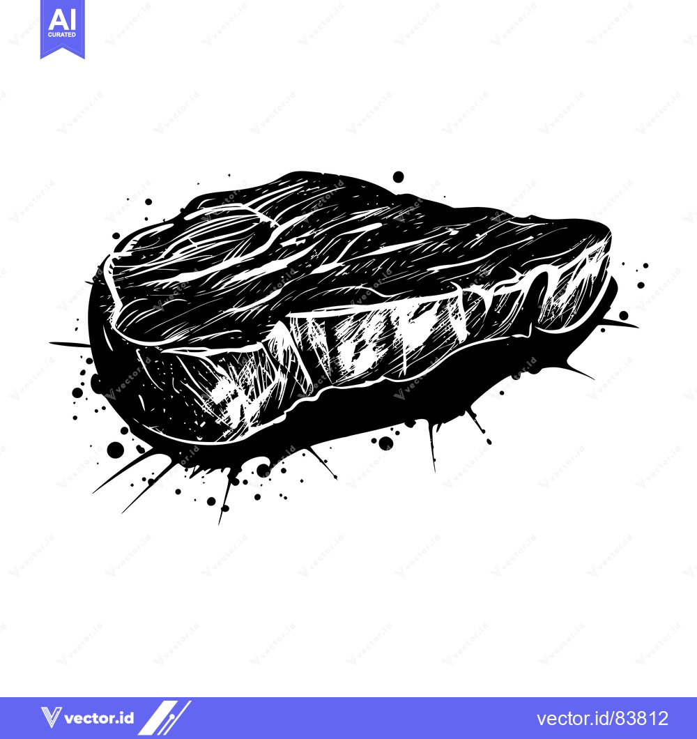 Premium Vector dari Black and White Illustration of a Steak with Ink Splashes