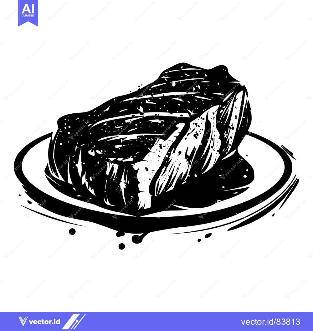 Premium Vector of Black and White Illustration of a Grilled Steak on a Plate
