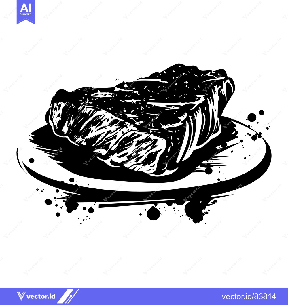 Premium Vector dari A Black and White Silhouette of a Steak on a Plate with Ink Splatter