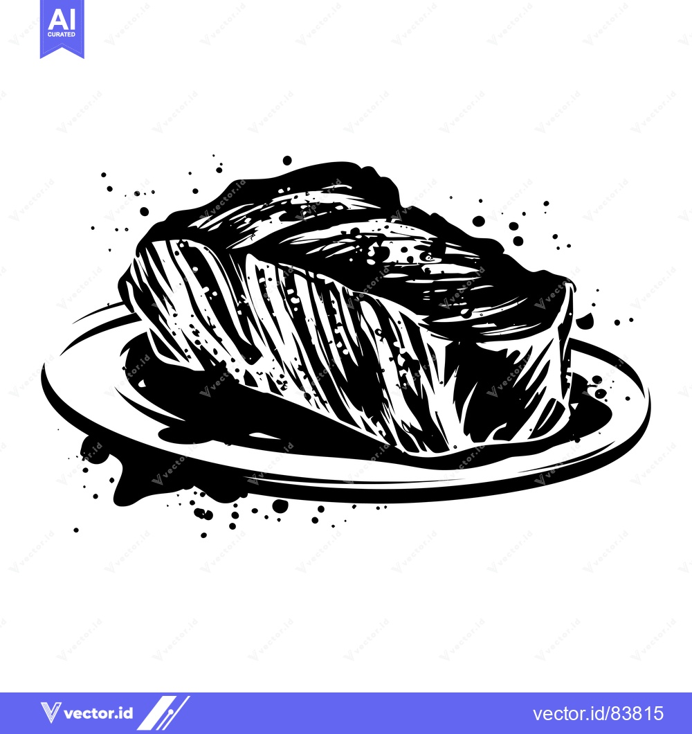 Premium Vector dari Black and White Illustration of a Grilled Steak on a Plate with Ink Sp