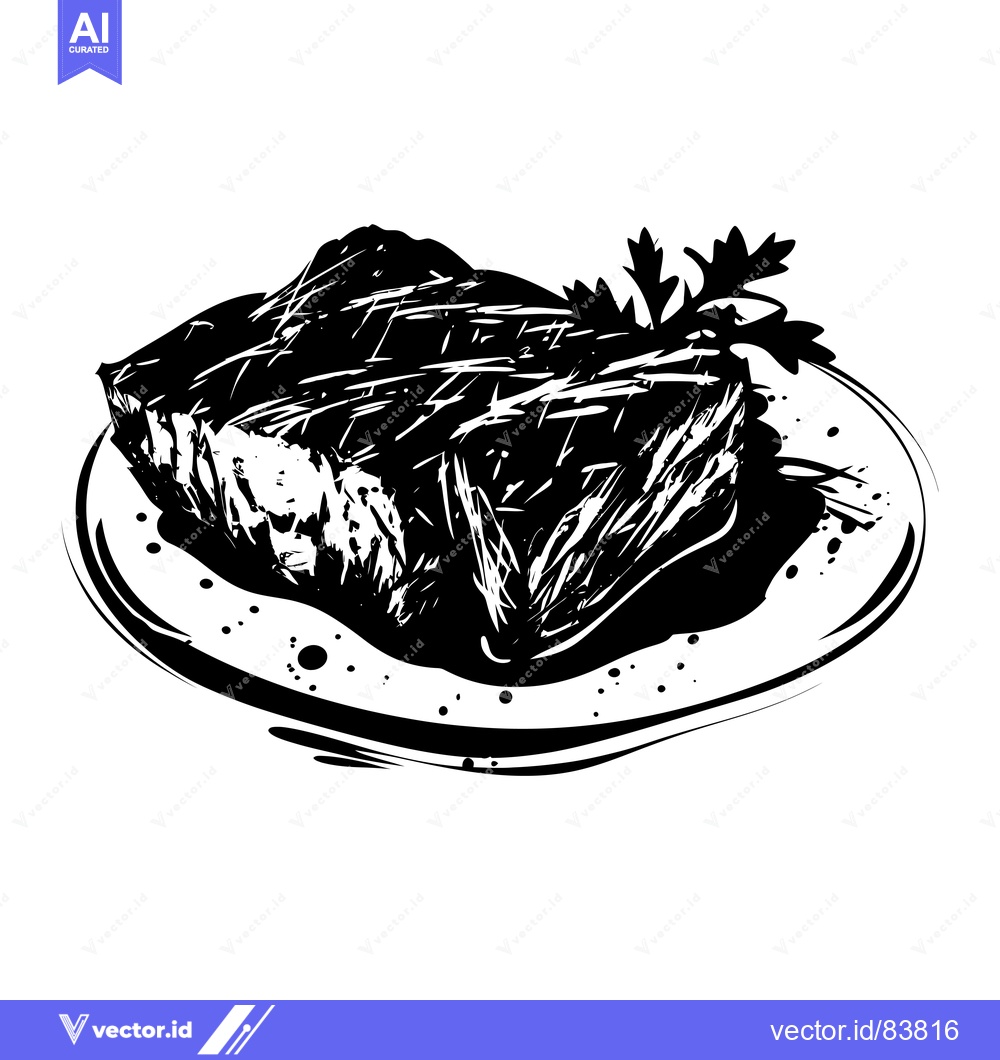 Premium Vector dari A Black and White Illustration of a Grilled Steak on a Plate with Herb