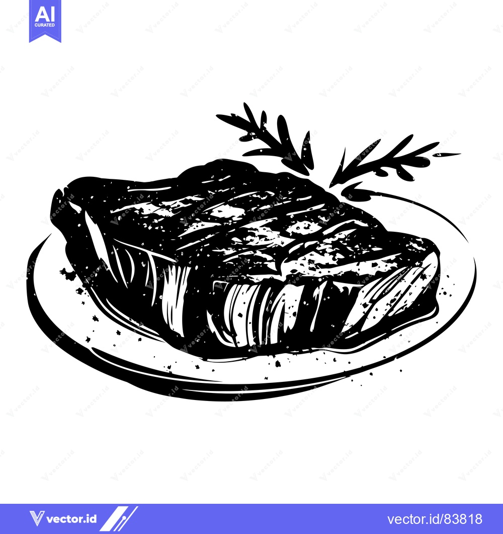 Premium Vector of A Black and White Illustration of a Grilled Steak with Rosemary on a P