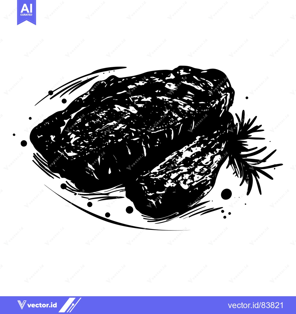 Premium Vector dari Black and White Illustration of a Grilled Steak with Rosemary