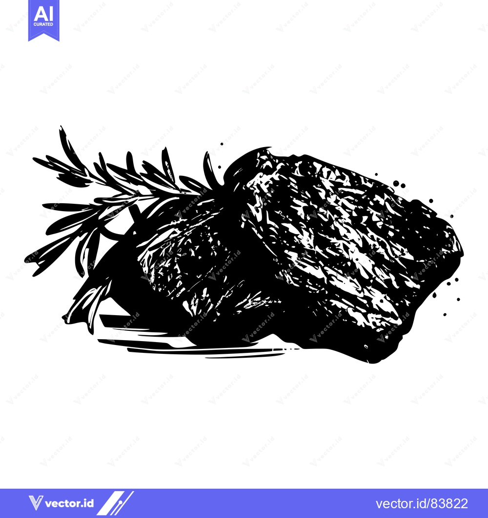 Premium Vector dari Black and White Illustration of a Steak with Rosemary Sprig