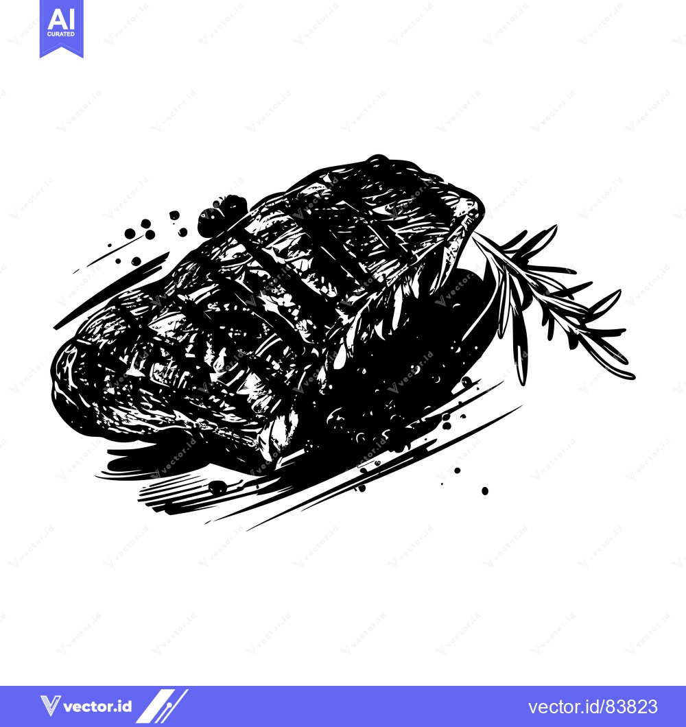 Premium Vector dari Black and White Illustration of a Grilled Steak with Rosemary