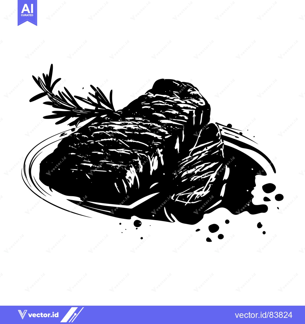 Premium Vector dari Black and White Illustration of a Grilled Steak with Rosemary and Spla