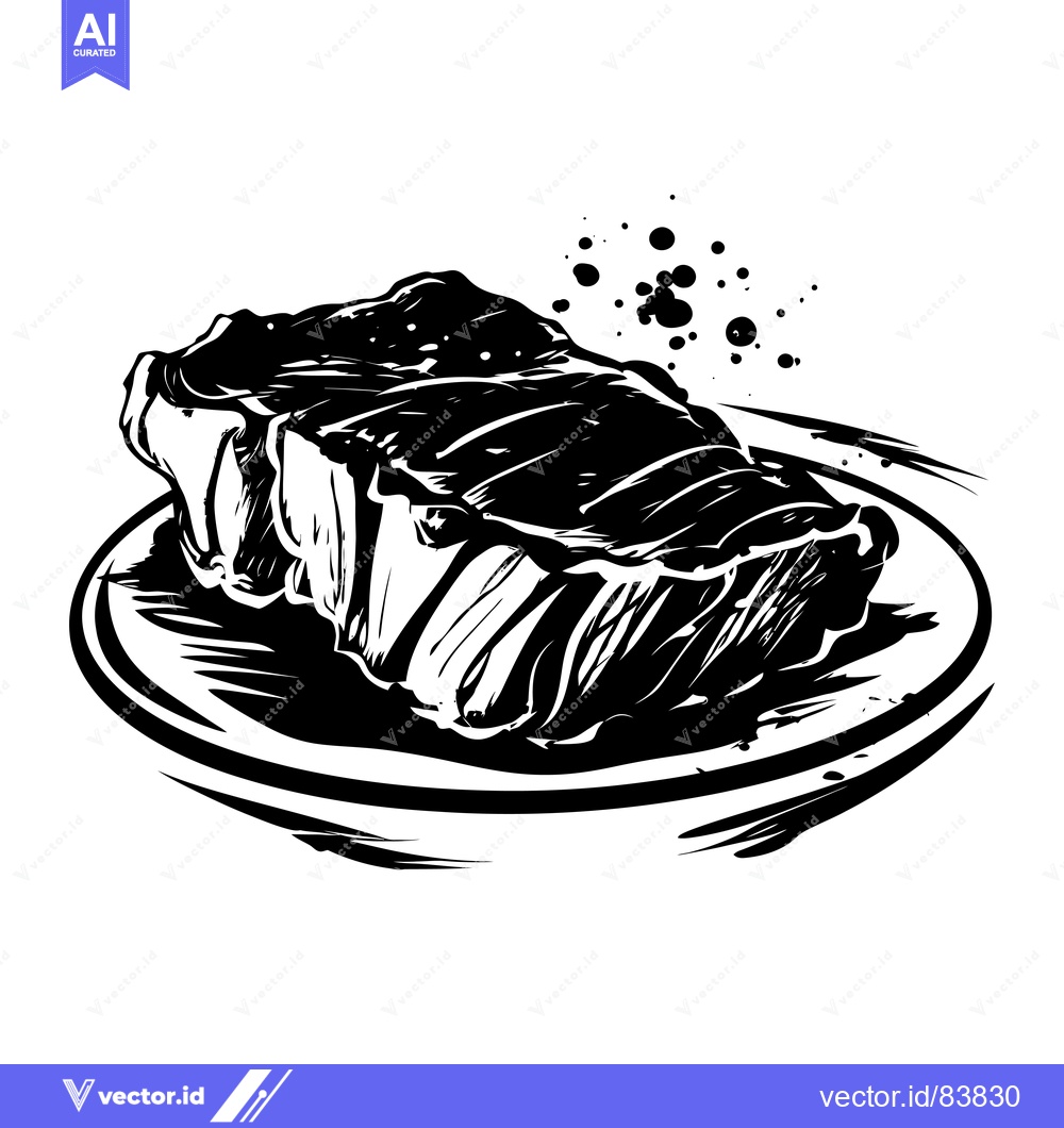 Premium Vector of A Single Grilled Steak on a Plate with Ink Splashes