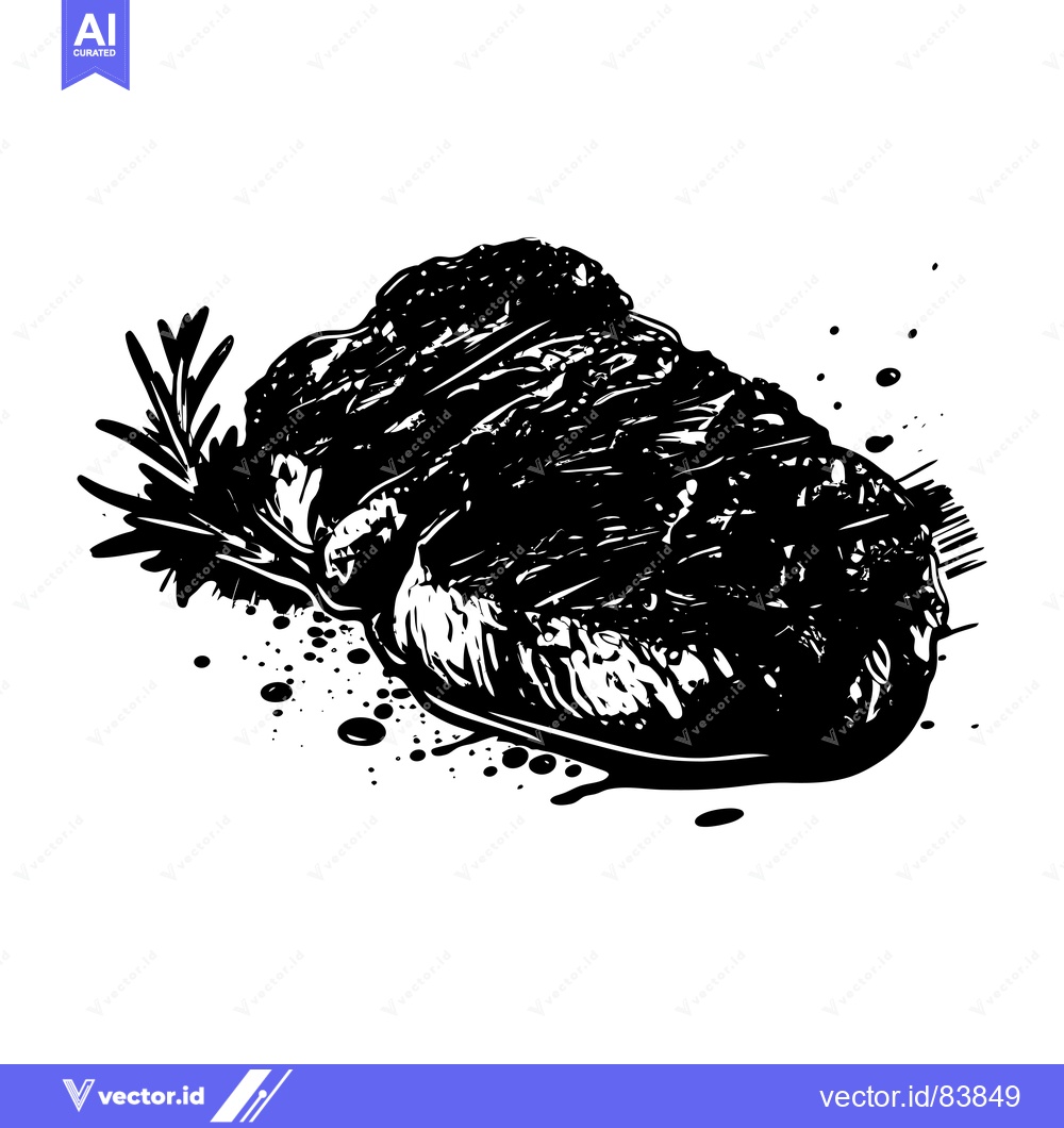 Premium Vector of Black and White Illustration of a Grilled Steak with Rosemary