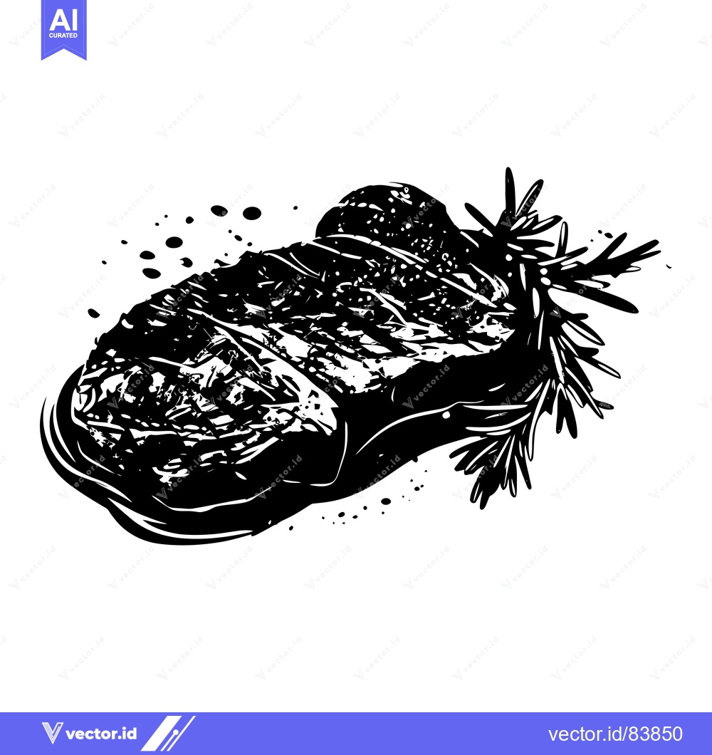 Premium Vector of Grilled Steak with Rosemary and Splashes of Black Ink