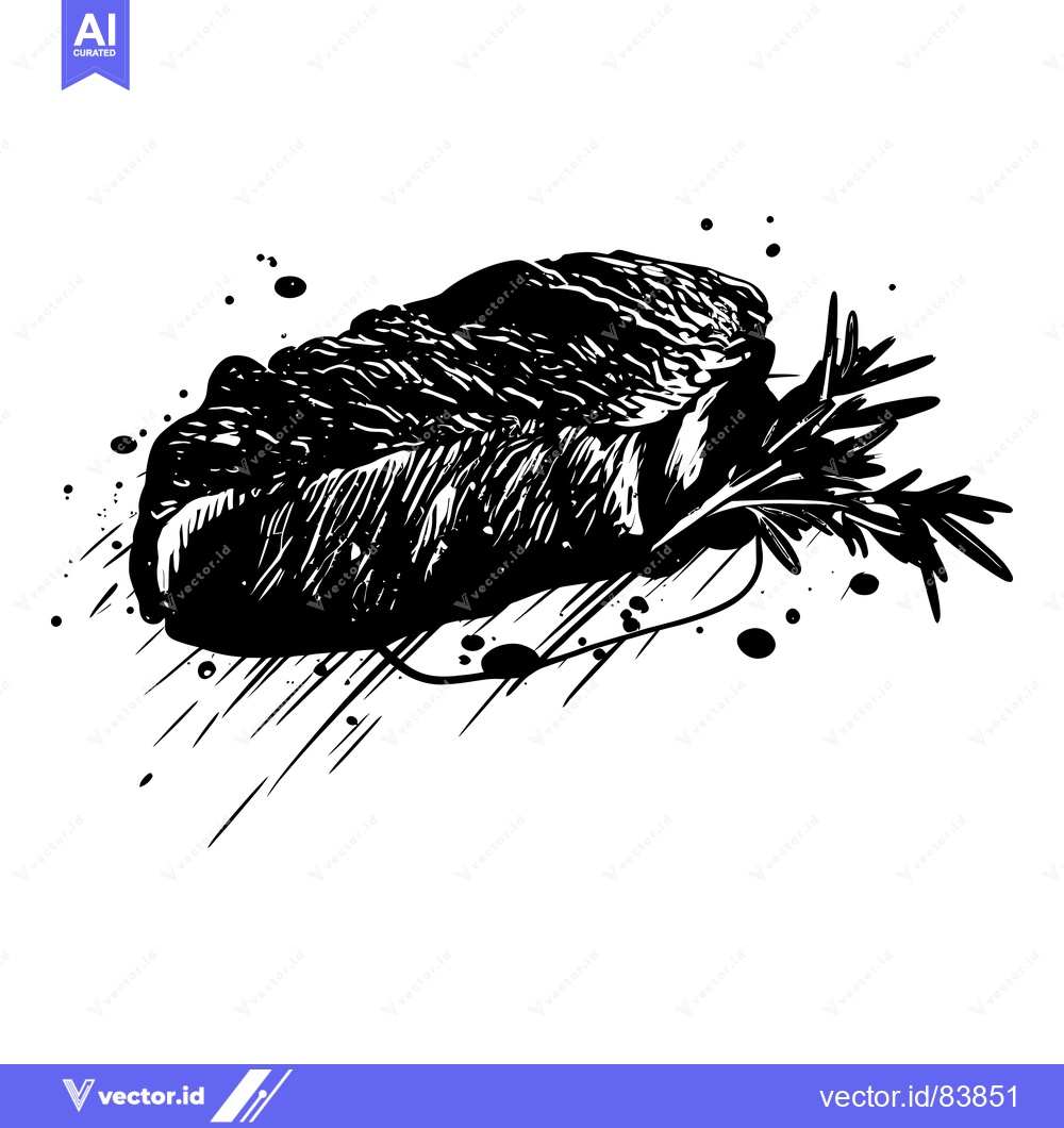 Premium Vector dari Black and White Illustration of a Steak with Rosemary Garnish