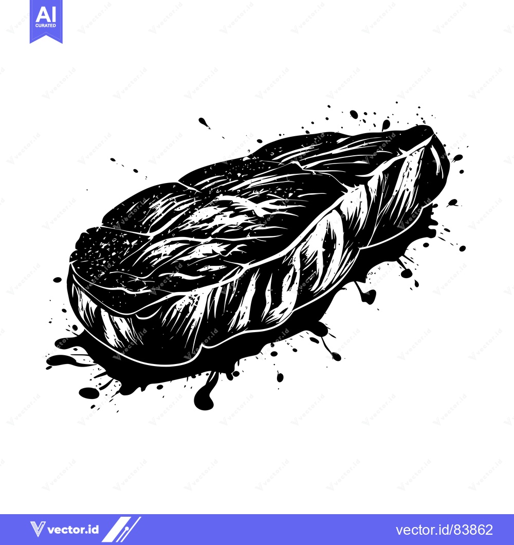 Premium Vector of Black and White Illustration of a Single Steak with Splashes