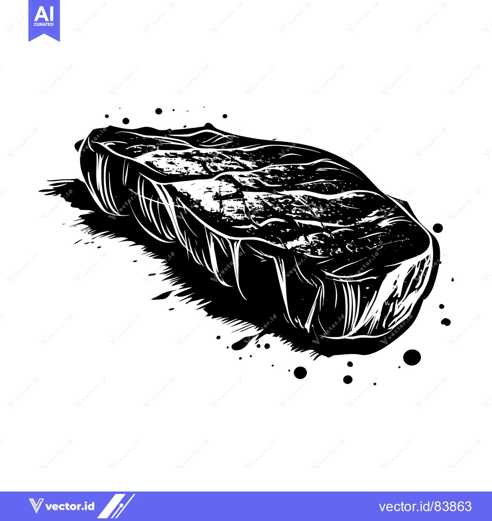 Premium Vector of Black and White Illustration of a Grilled Steak with Ink Splatter