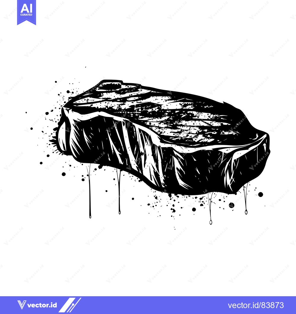 Premium Vector of Black and White Ink Illustration of a Steak with Dripping Blood