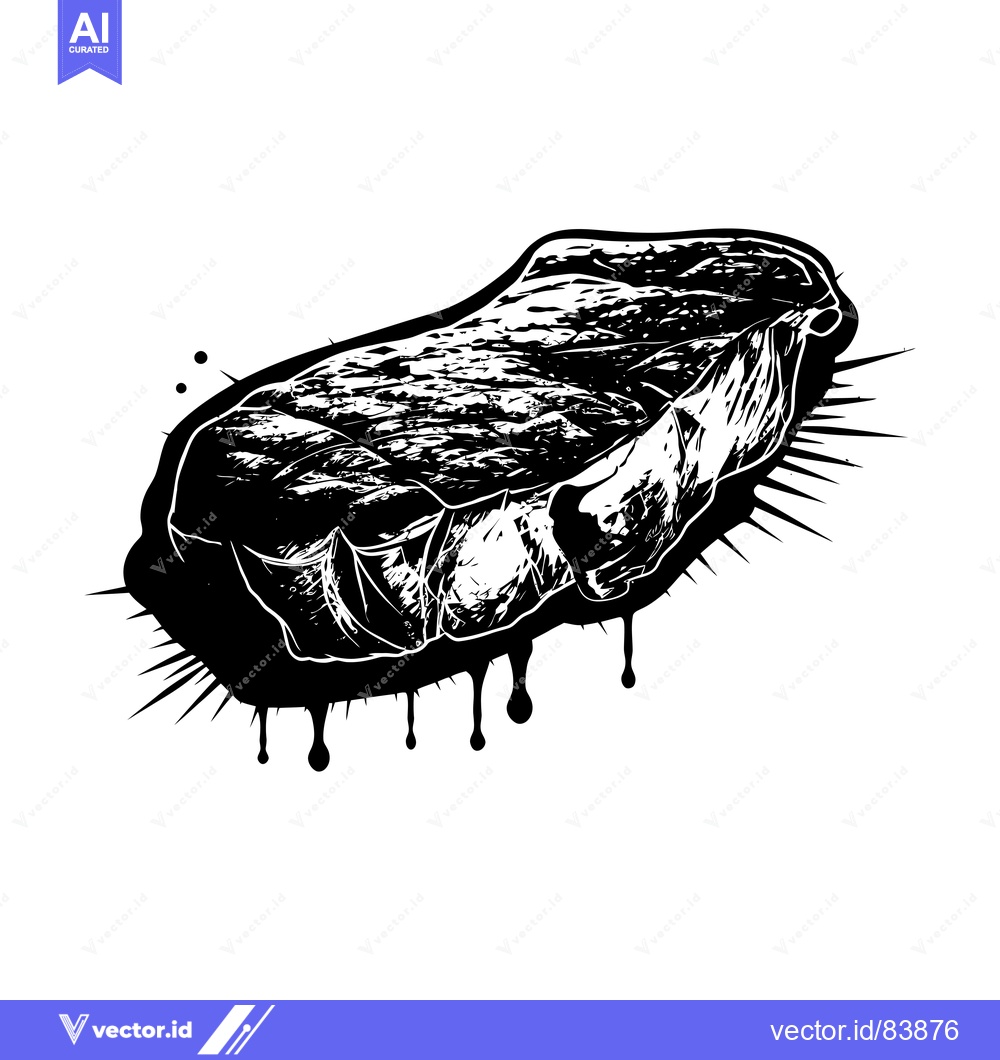 Premium Vector dari Black and white illustration of a single steak with dripping juices an
