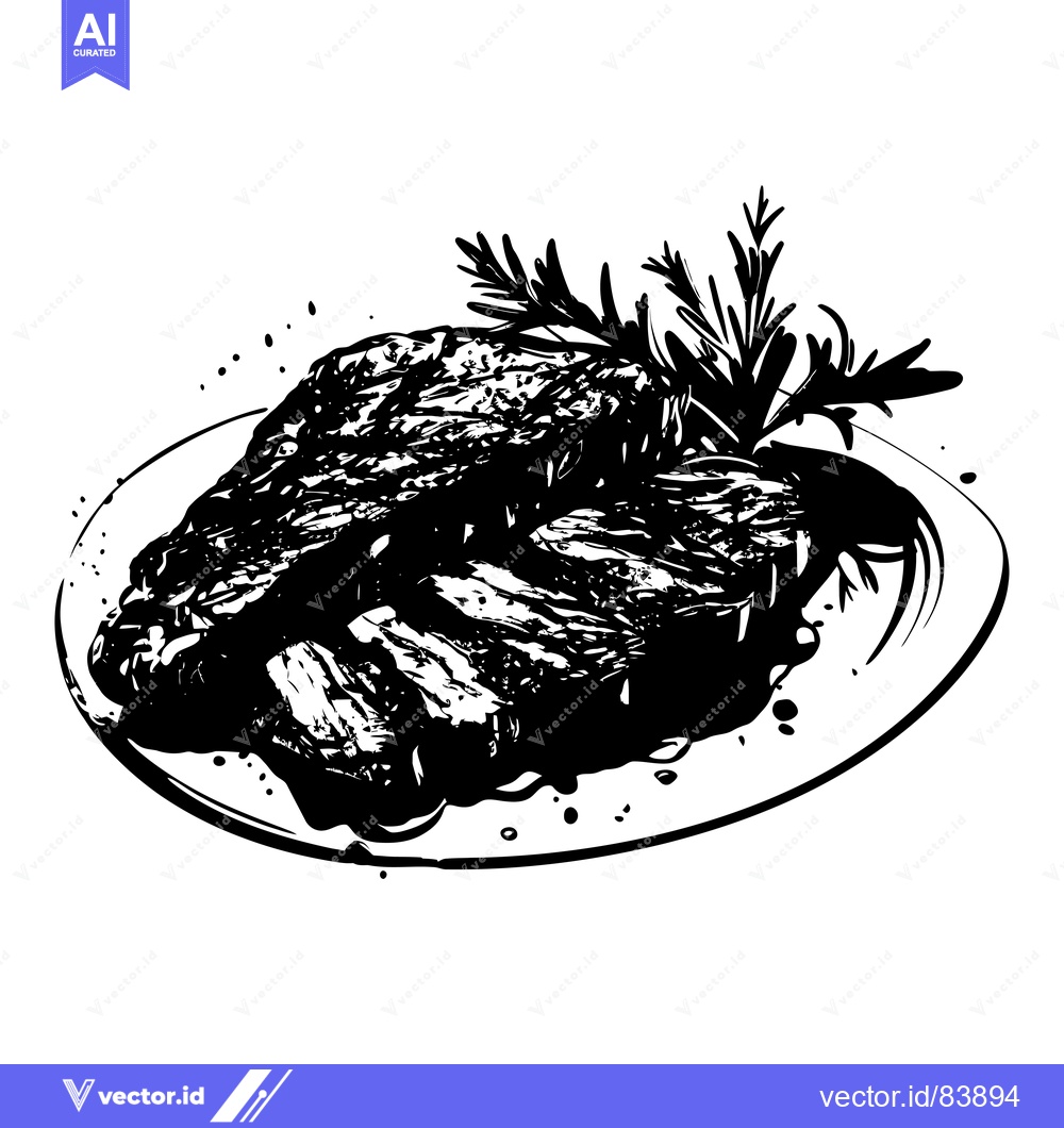 Premium Vector of Black and White Illustration of a Steak on a Plate with Herbs