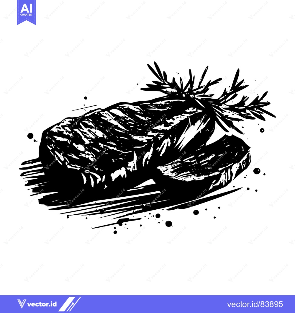 Premium Vector of Black and White Illustration of a Grilled Steak with Rosemary