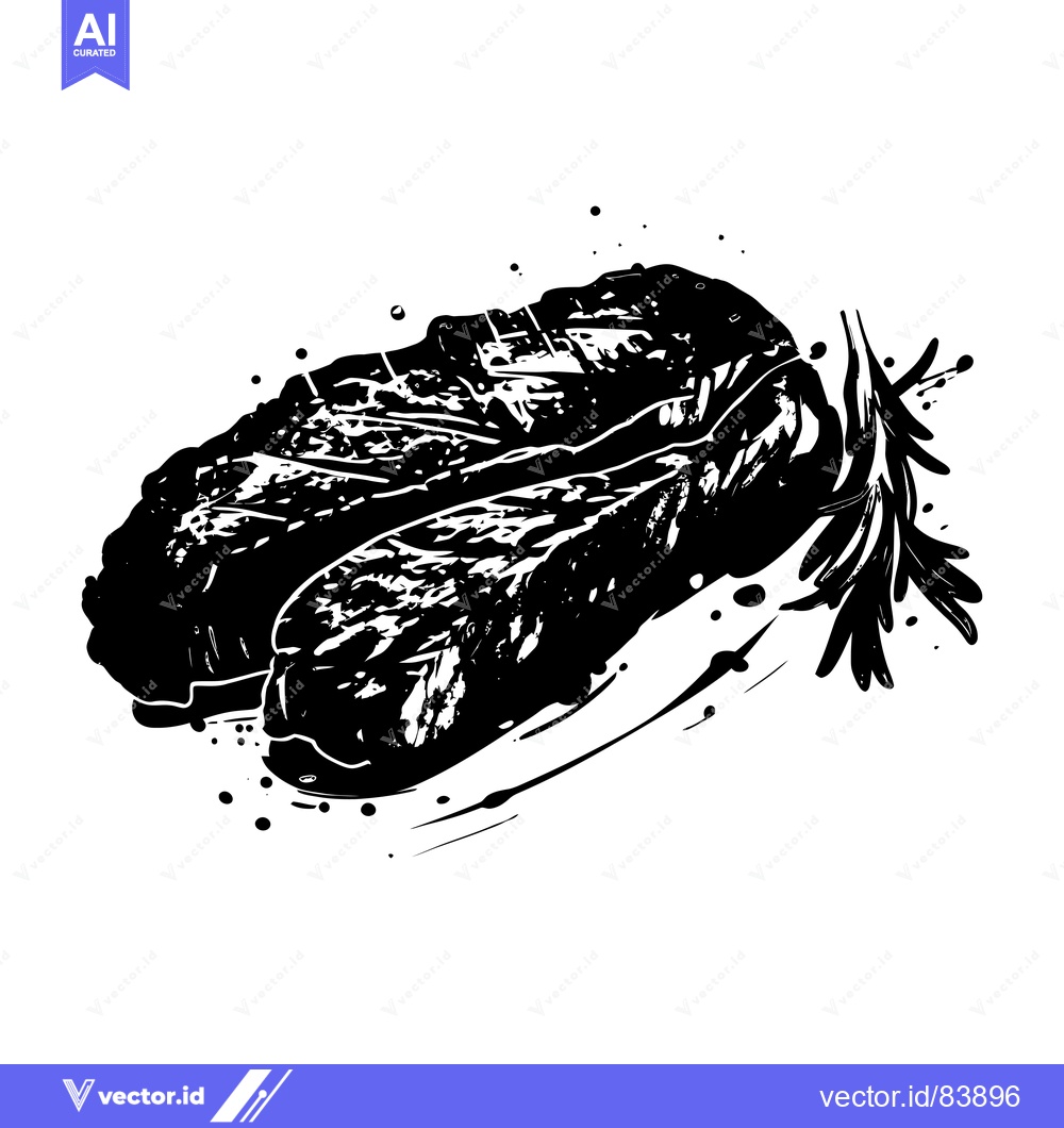 Premium Vector of Black and White Illustration of a Grilled Steak with Rosemary Sprig