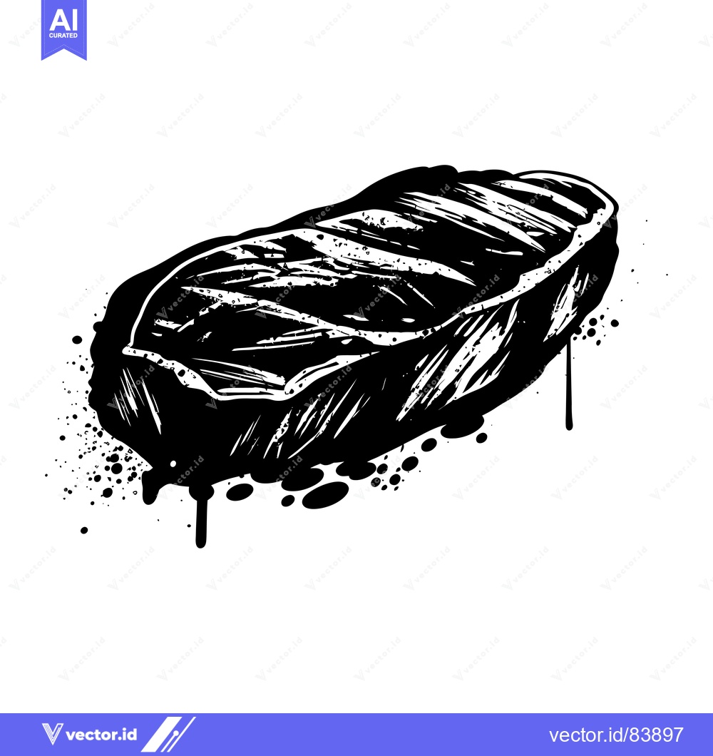 Premium Vector of Black and White Illustration of a Grilled Steak with Dripping Paint Sp