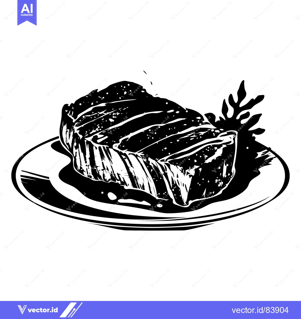 Premium Vector dari Grilled Steak on a Plate with a Sprig of Rosemary